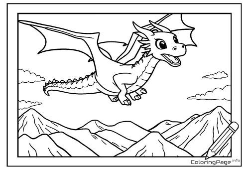 Online coloring page Dragon Over the Mountains