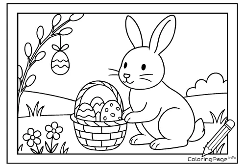 Online coloring page Bunny and Easter Eggs