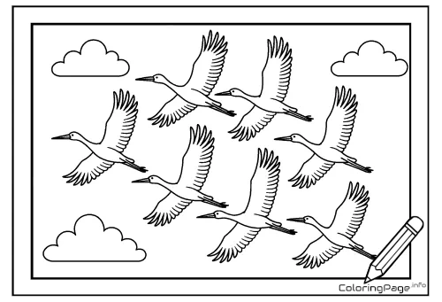 Online coloring page Cranes in the Sky