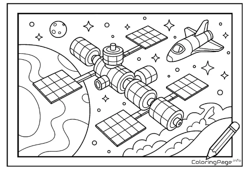 Online coloring page Space Station in Space