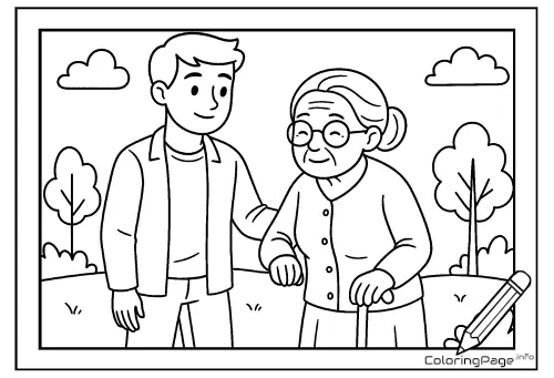 Online coloring page Helping an Elderly Lady