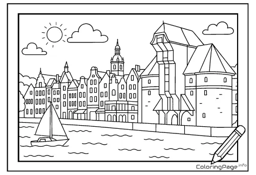 Online coloring page Gdańsk on the Motława River