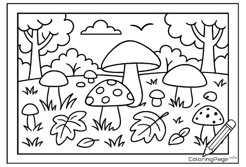 Online coloring page Mushrooms in a Forest Clearing