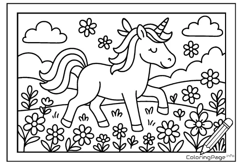 Online coloring page Unicorn in the Meadow