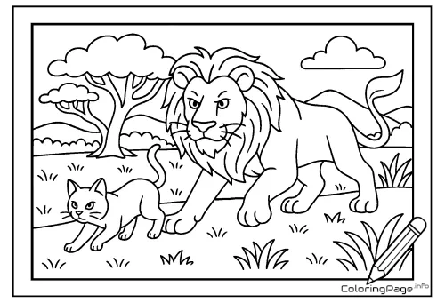 Online coloring page Cat and Lion on the Savanna