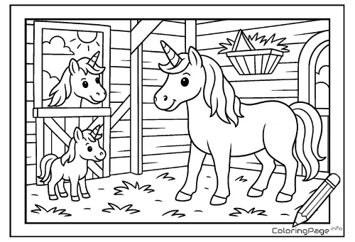 Online coloring page Unicorn Stable