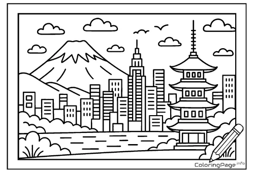 Online coloring page Tokyo and Mount Fuji
