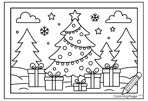 Online coloring page Christmas Tree in the Forest with Presents