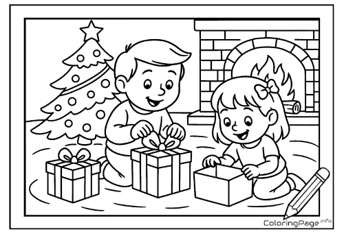 Online coloring page Opening Presents by the Christmas Tree