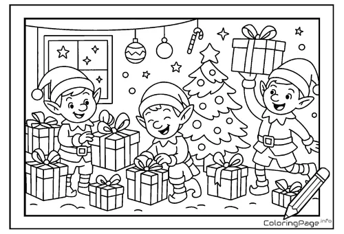 Online coloring page Elves Prepare Presents