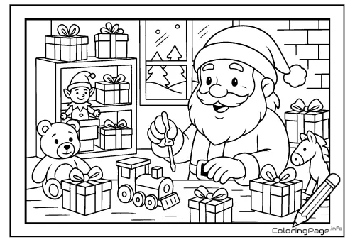 Online coloring page Santa Prepares Presents