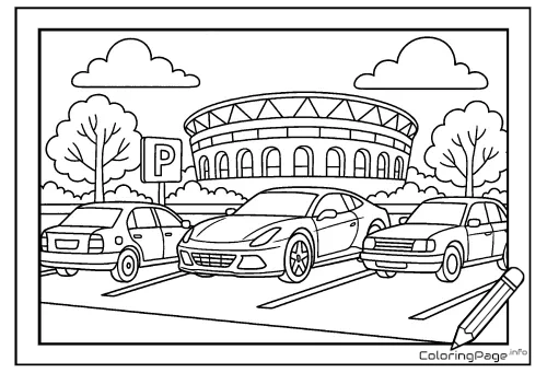 Online coloring page Parking Lot in Front of the Stadium