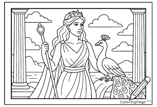 Online coloring page Hera and a Peacock
