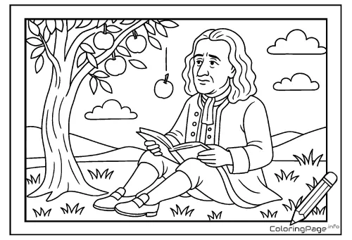 Online coloring page Newton Under the Apple Tree