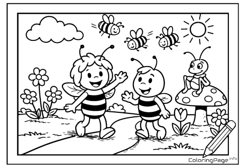 Online coloring page Maya and Willy