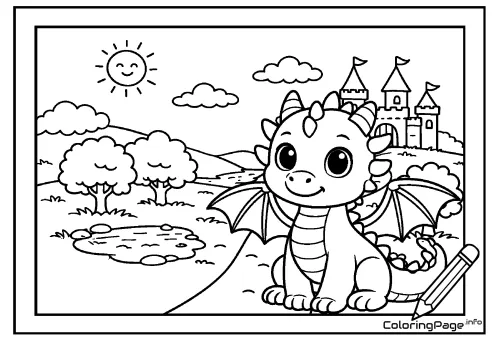 Online coloring page Dragon and Castle