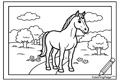 Online coloring page Horse in Countryside