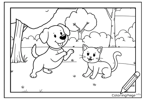 Online coloring page Puppy and Kitty